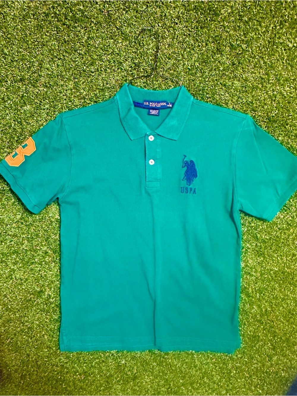 U.S. Polo Assn. Boys' Teal Green Polo with Blue Logo and Orange Sleeve Patch